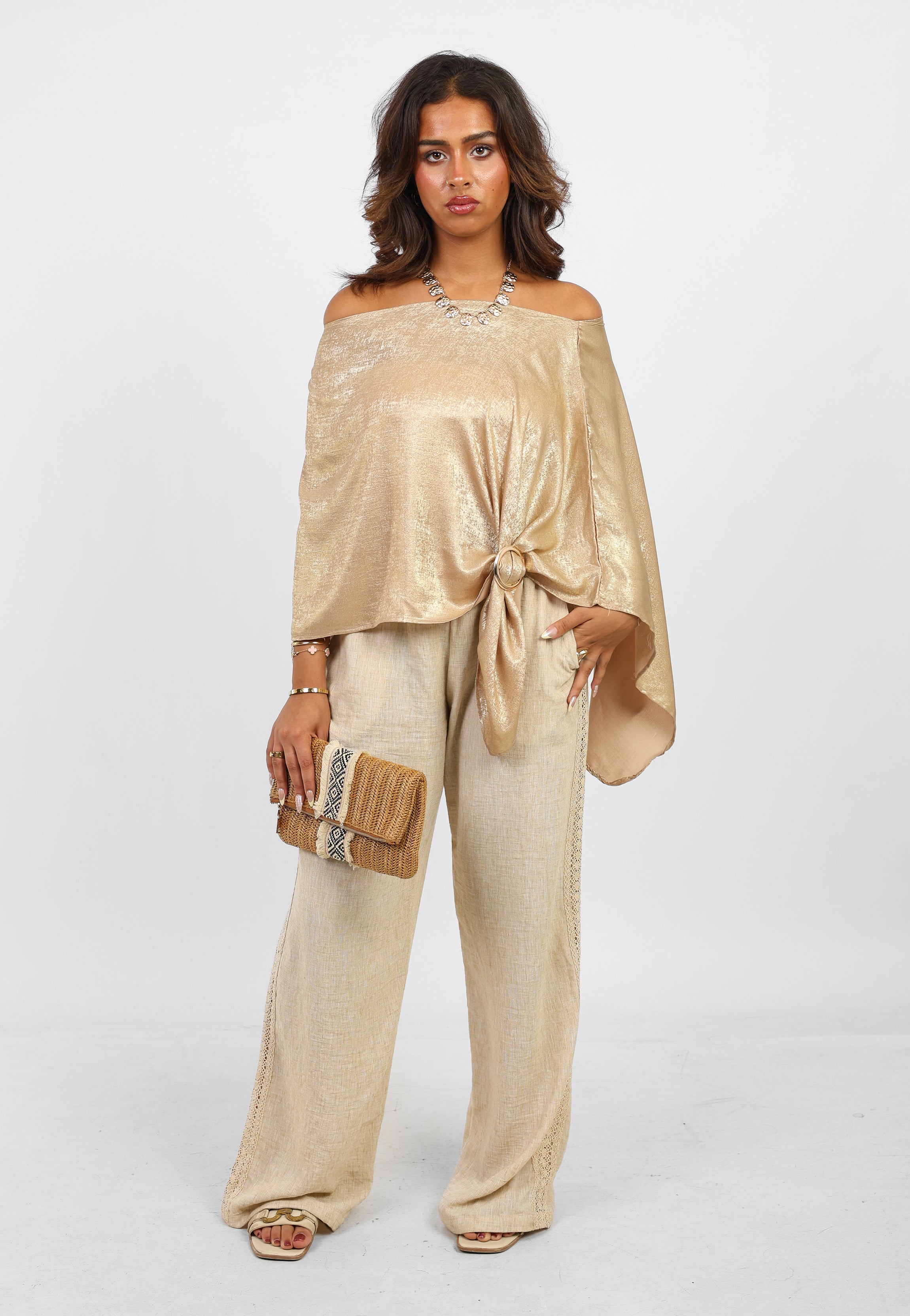 Shimmer Gold Off Shoulder Shawl