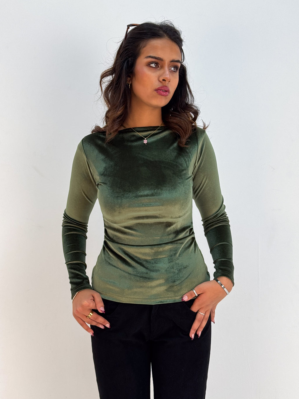 Long Sleeve Forest Green Sabrina Velvet Top