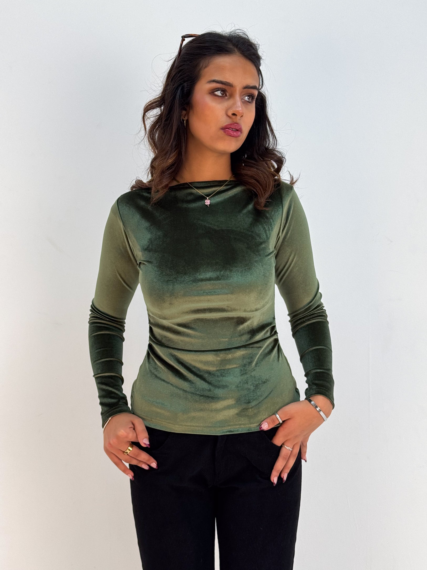Long Sleeve Forest Green Sabrina Velvet Top