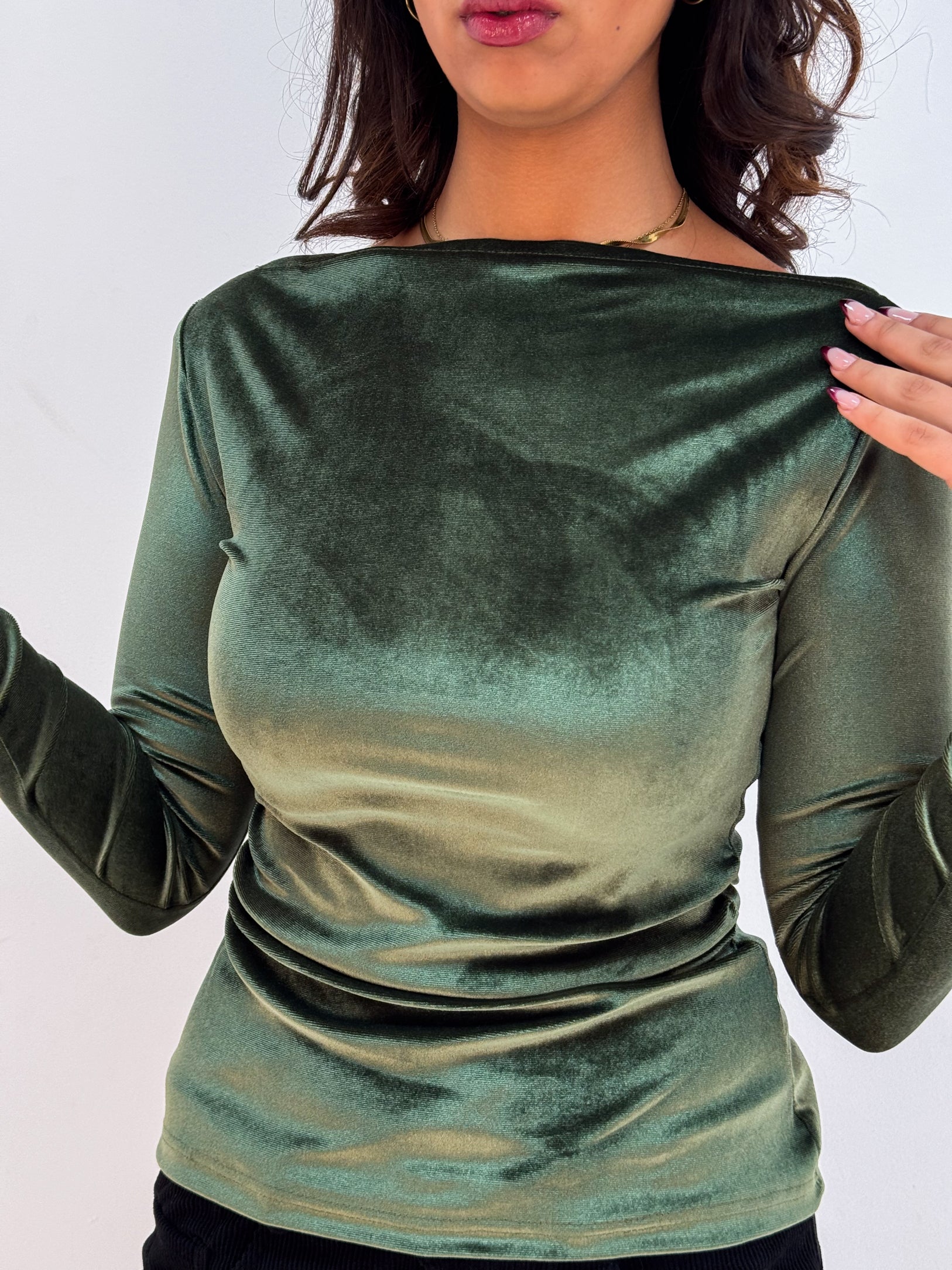 Long Sleeve Forest Green Sabrina Velvet Top