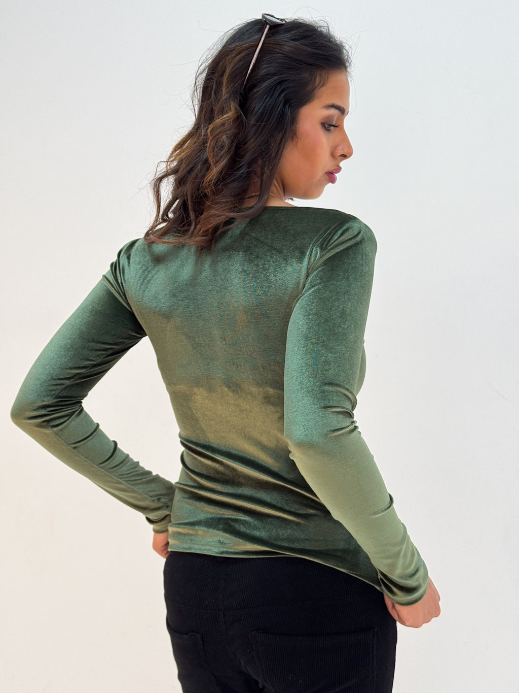 Long Sleeve Forest Green Sabrina Velvet Top