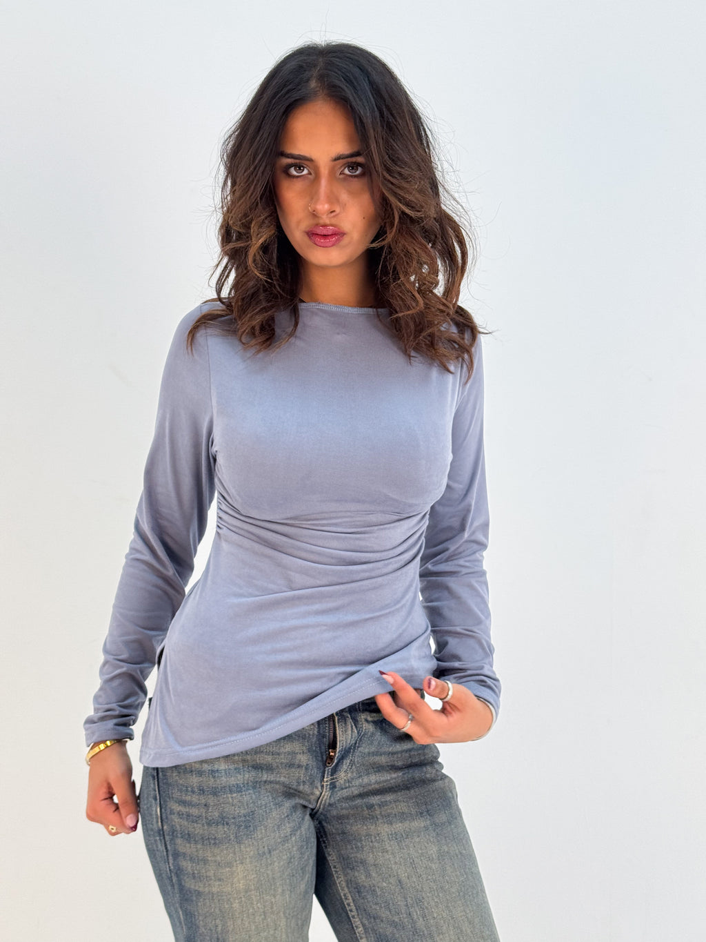 Long Sleeve Soft Blue Grey Sabrina Jersey Top