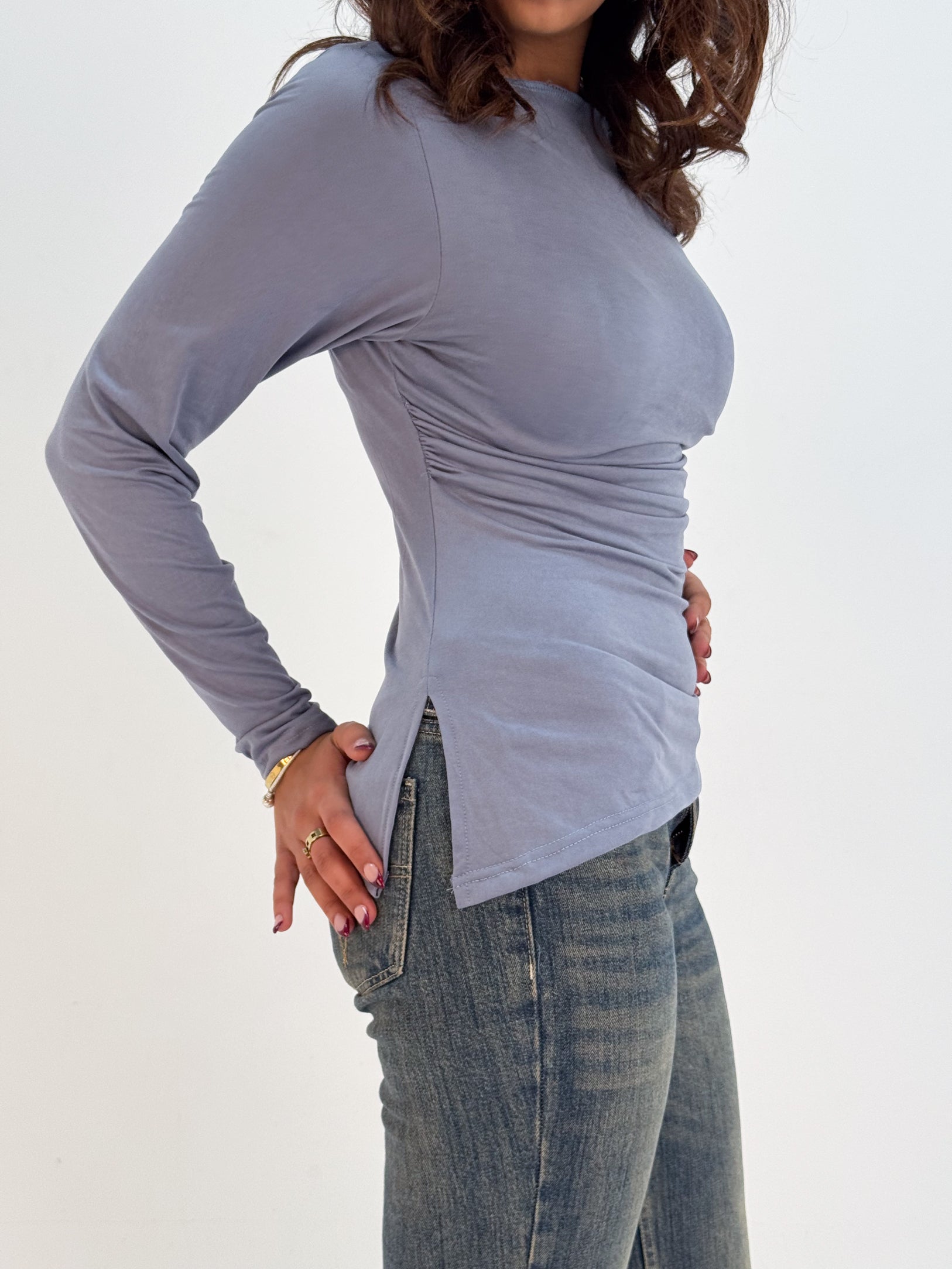 Long Sleeve Soft Blue Grey Sabrina Jersey Top