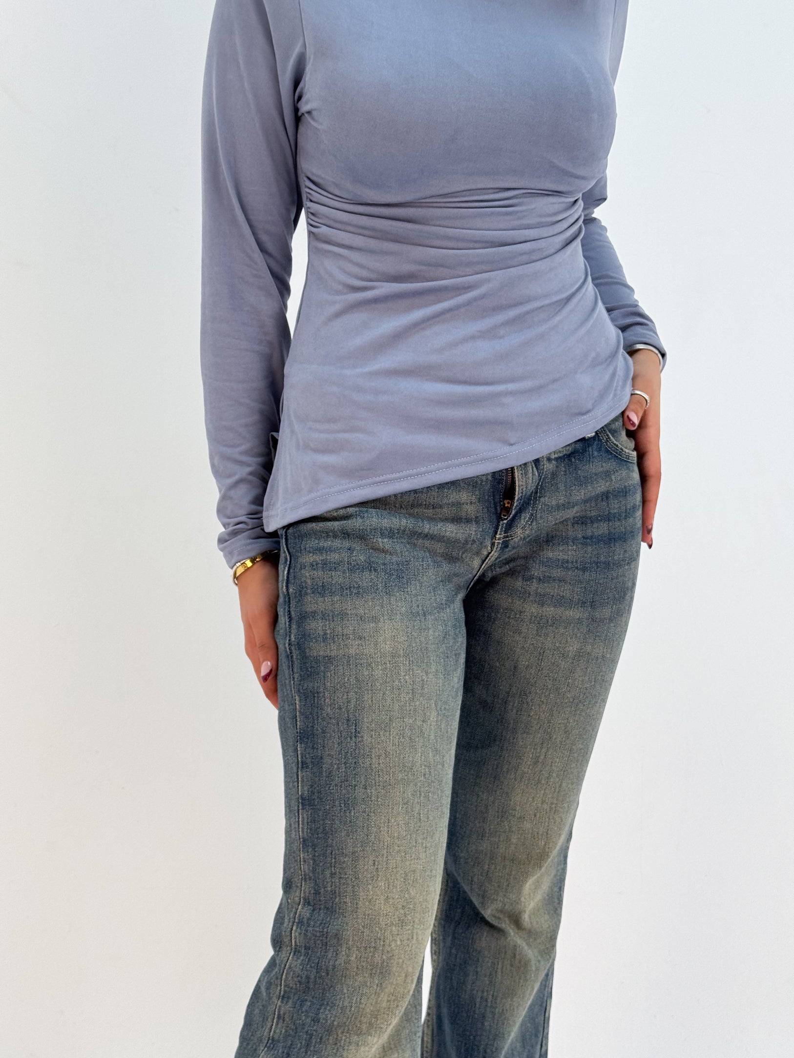 Long Sleeve Soft Blue Grey Sabrina Jersey Top