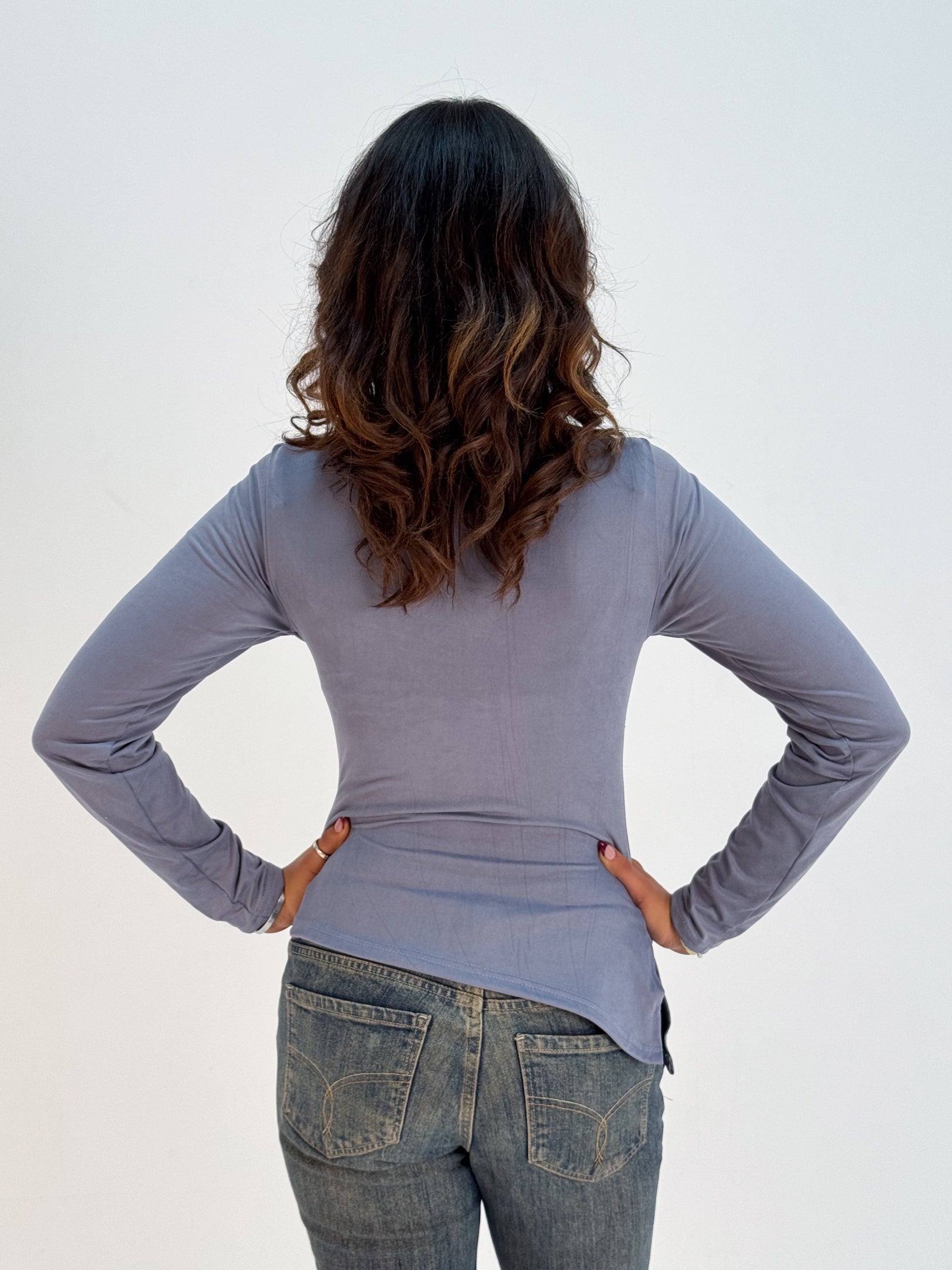 Long Sleeve Soft Blue Grey Sabrina Jersey Top