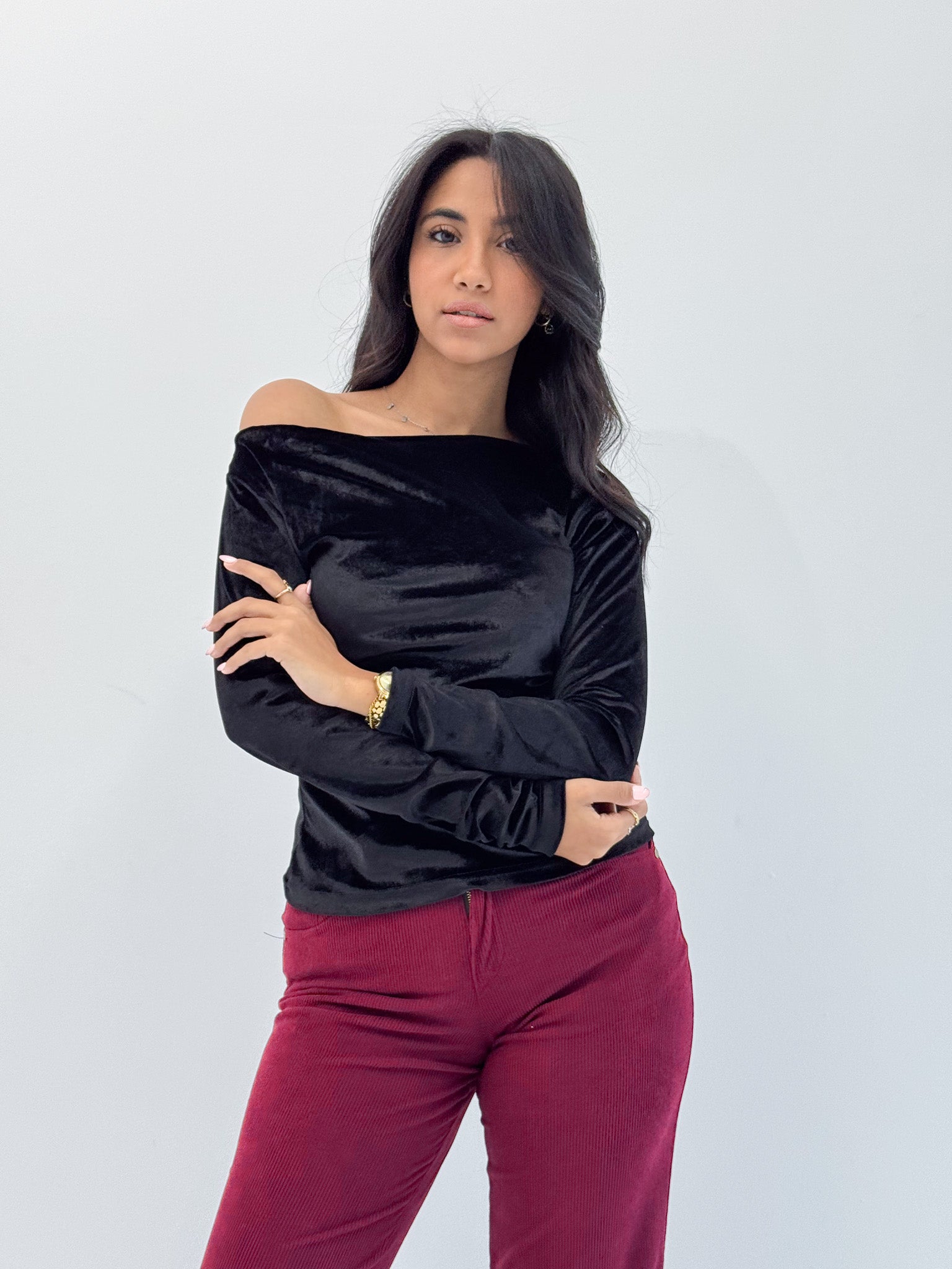 Long Sleeve Black Sabrina Velvet Top