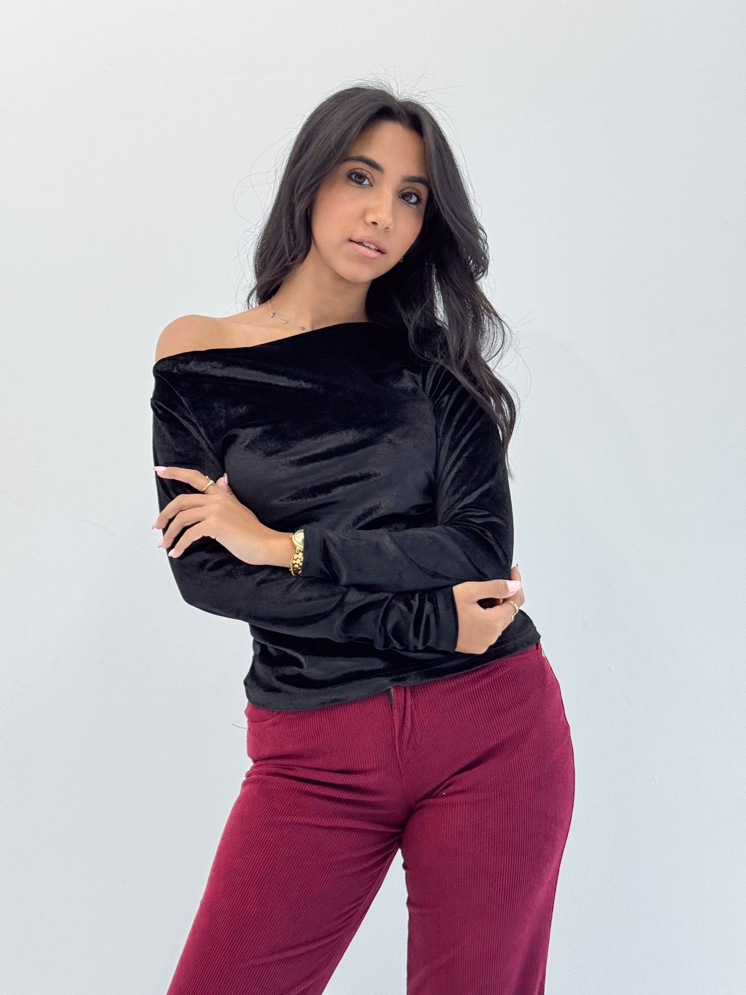 Long Sleeve Black Sabrina Velvet Top