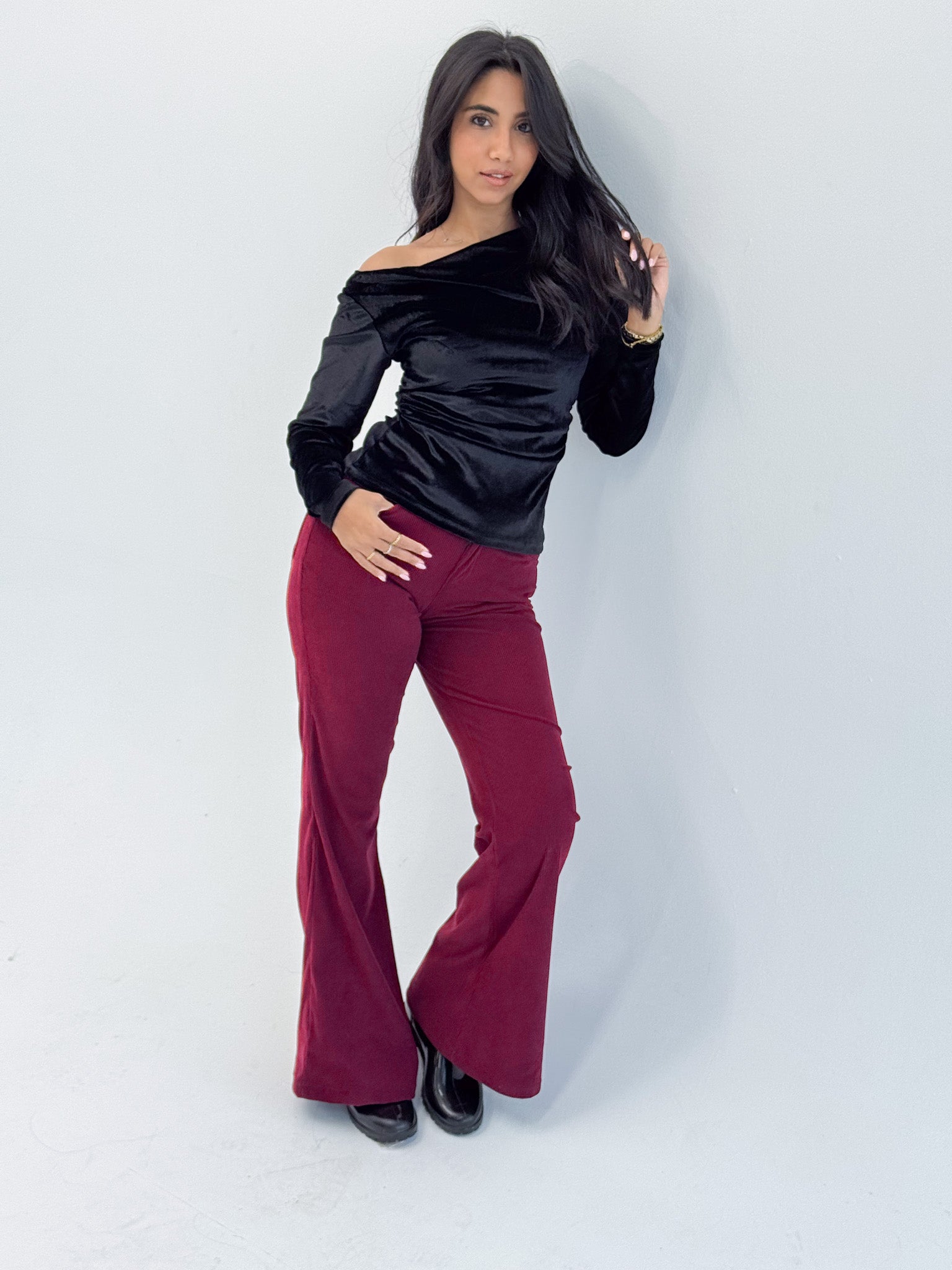 Long Sleeve Black Sabrina Velvet Top