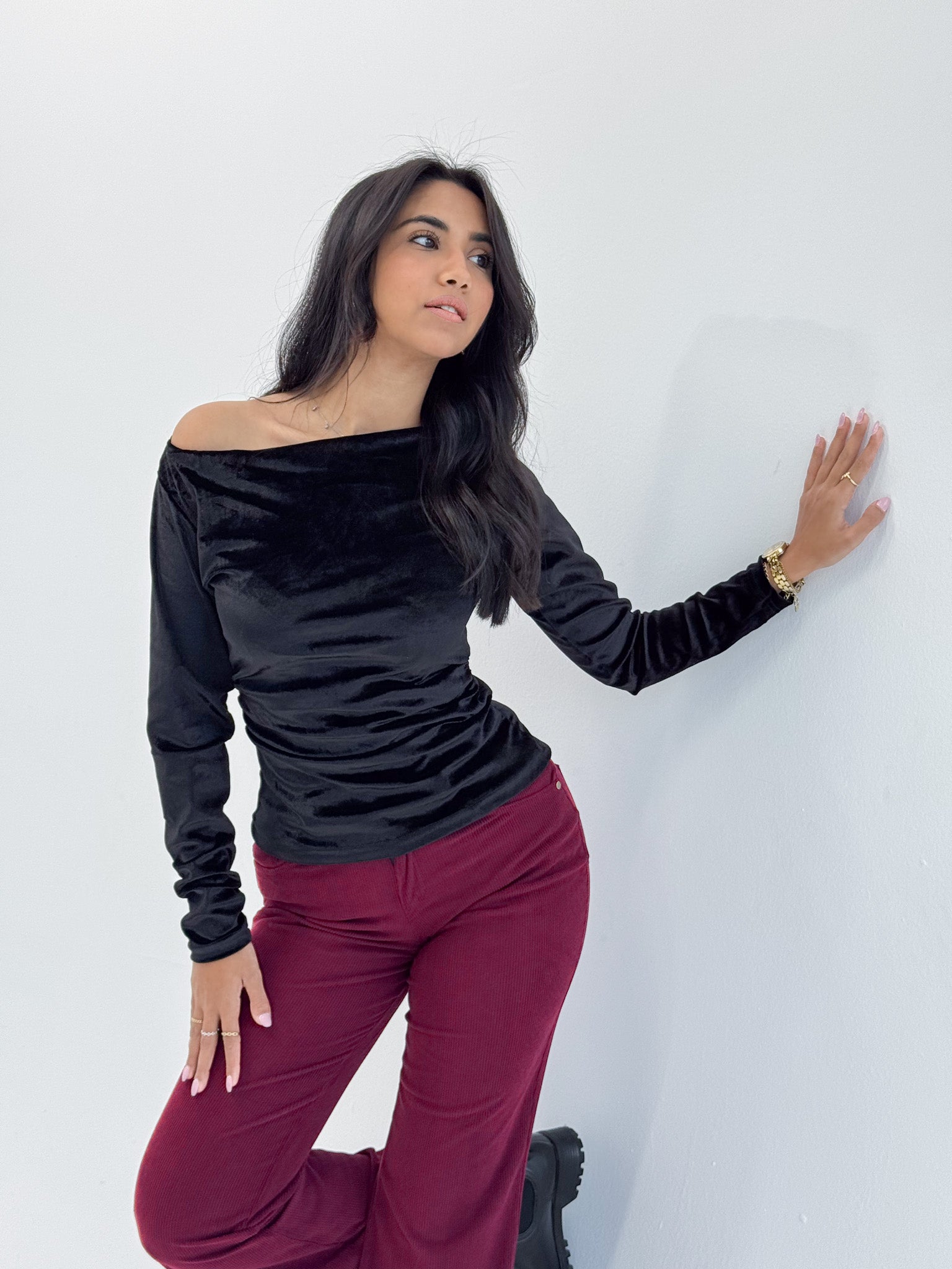 Long Sleeve Black Sabrina Velvet Top