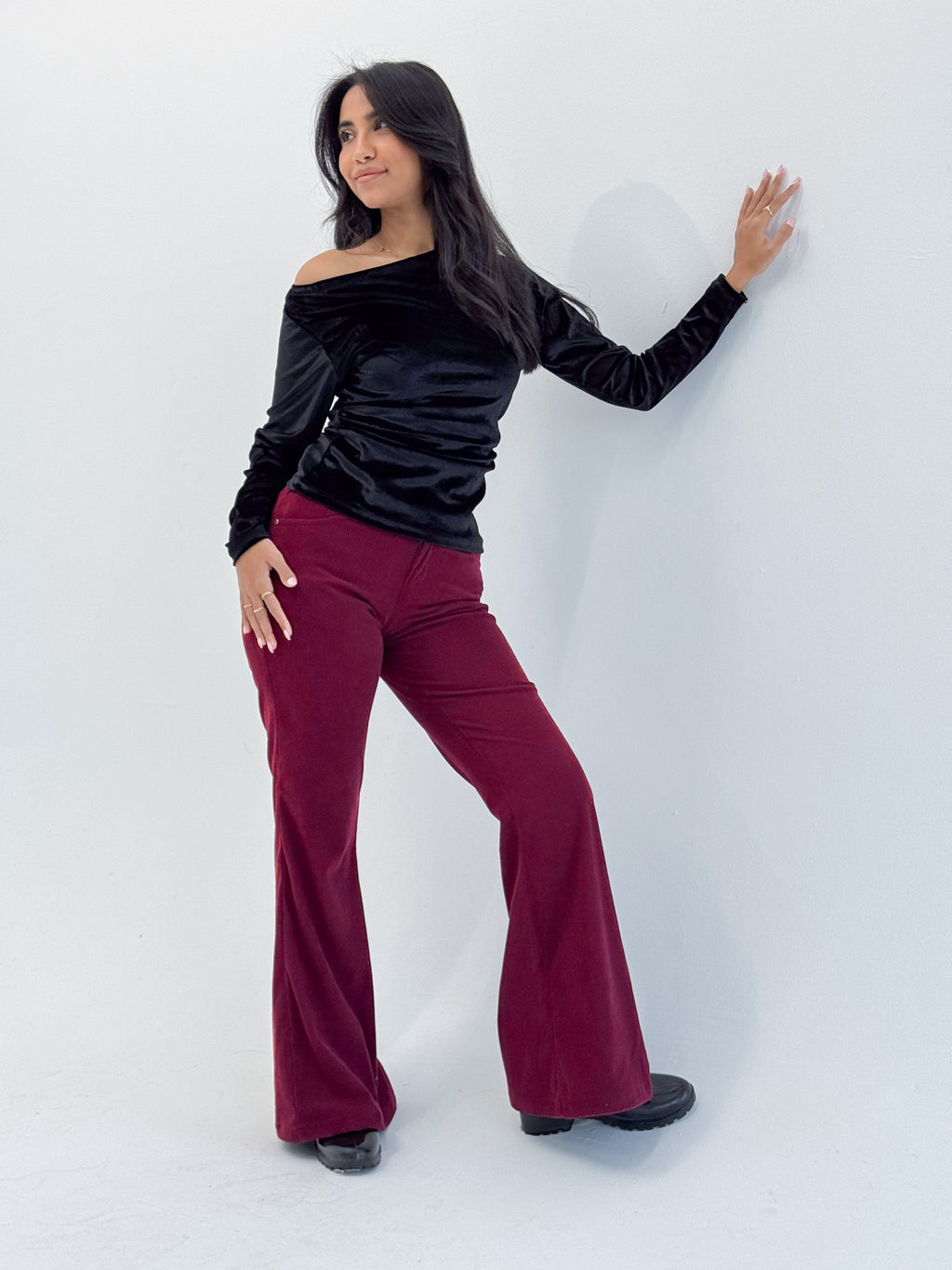 Long Sleeve Black Sabrina Velvet Top