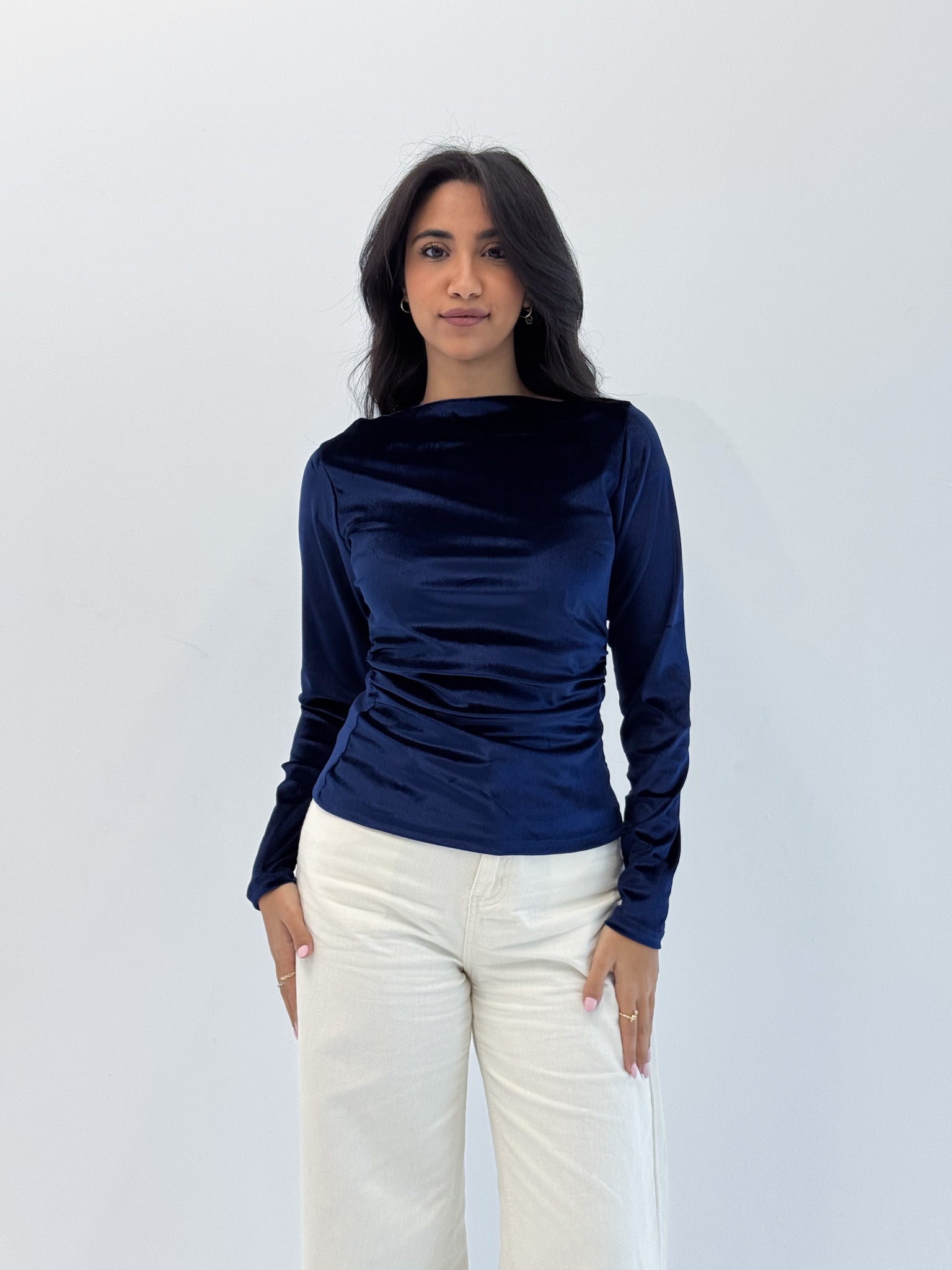 Long Sleeve Midnight Navy Sabrina Velvet Top