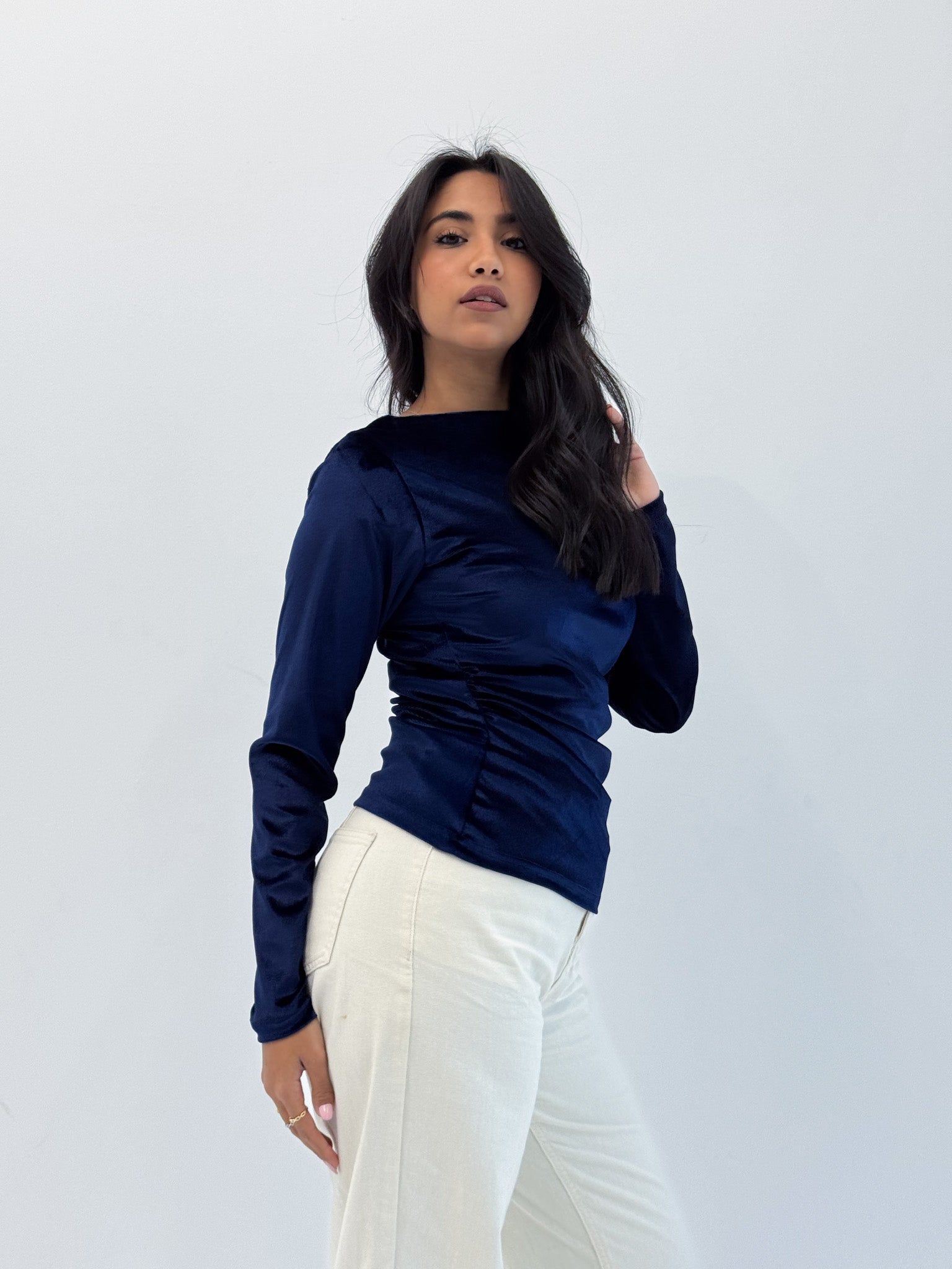 Long Sleeve Midnight Navy Sabrina Velvet Top