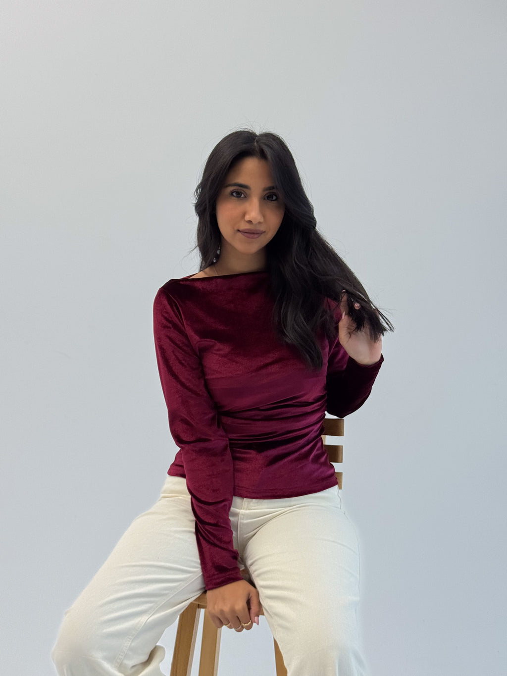 Long Sleeve Deep Cherry Sabrina Velvet Top