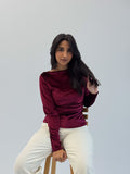 Long Sleeve Deep Cherry Sabrina Velvet Top
