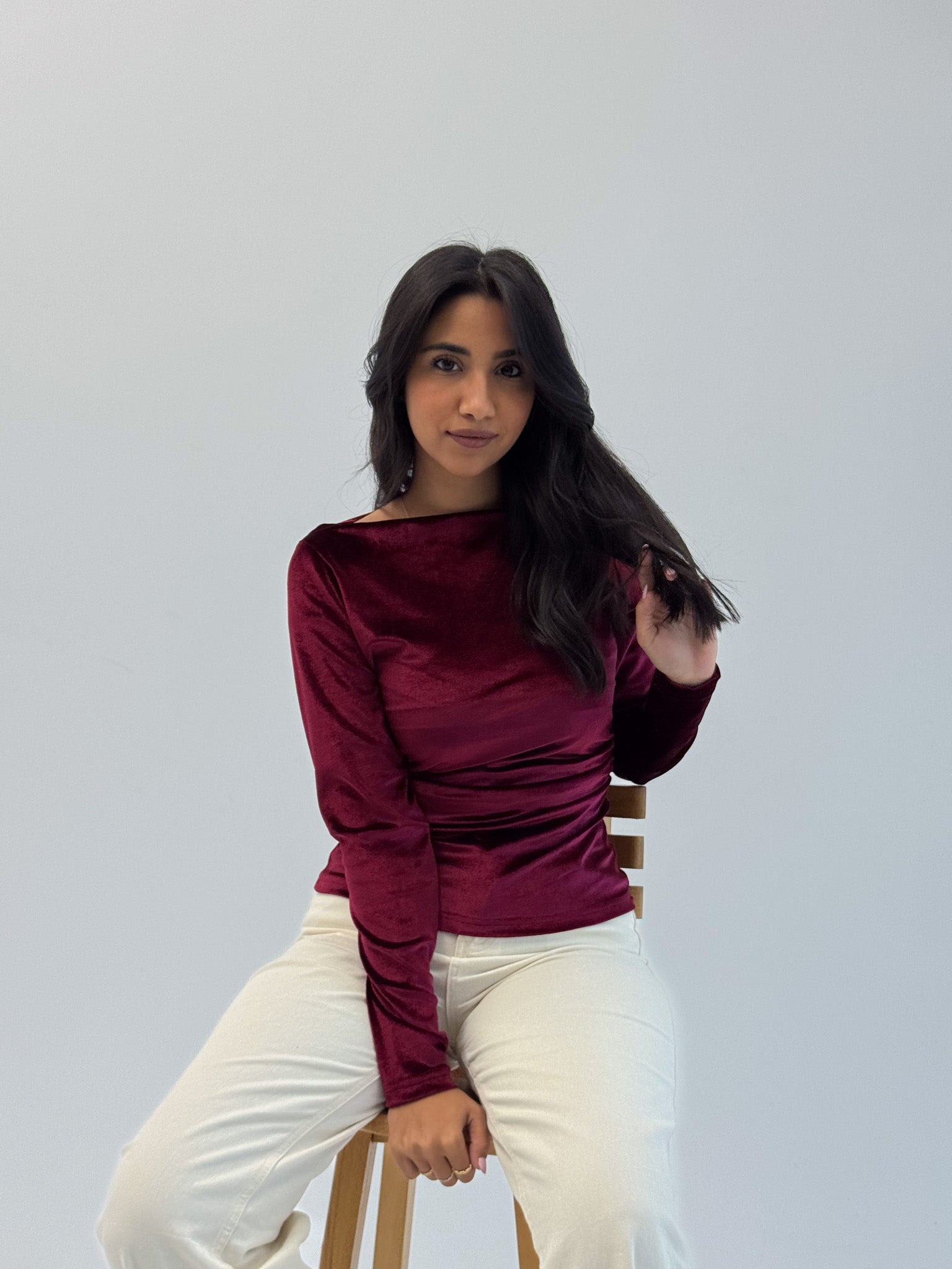 Long Sleeve Deep Cherry Sabrina Velvet Top