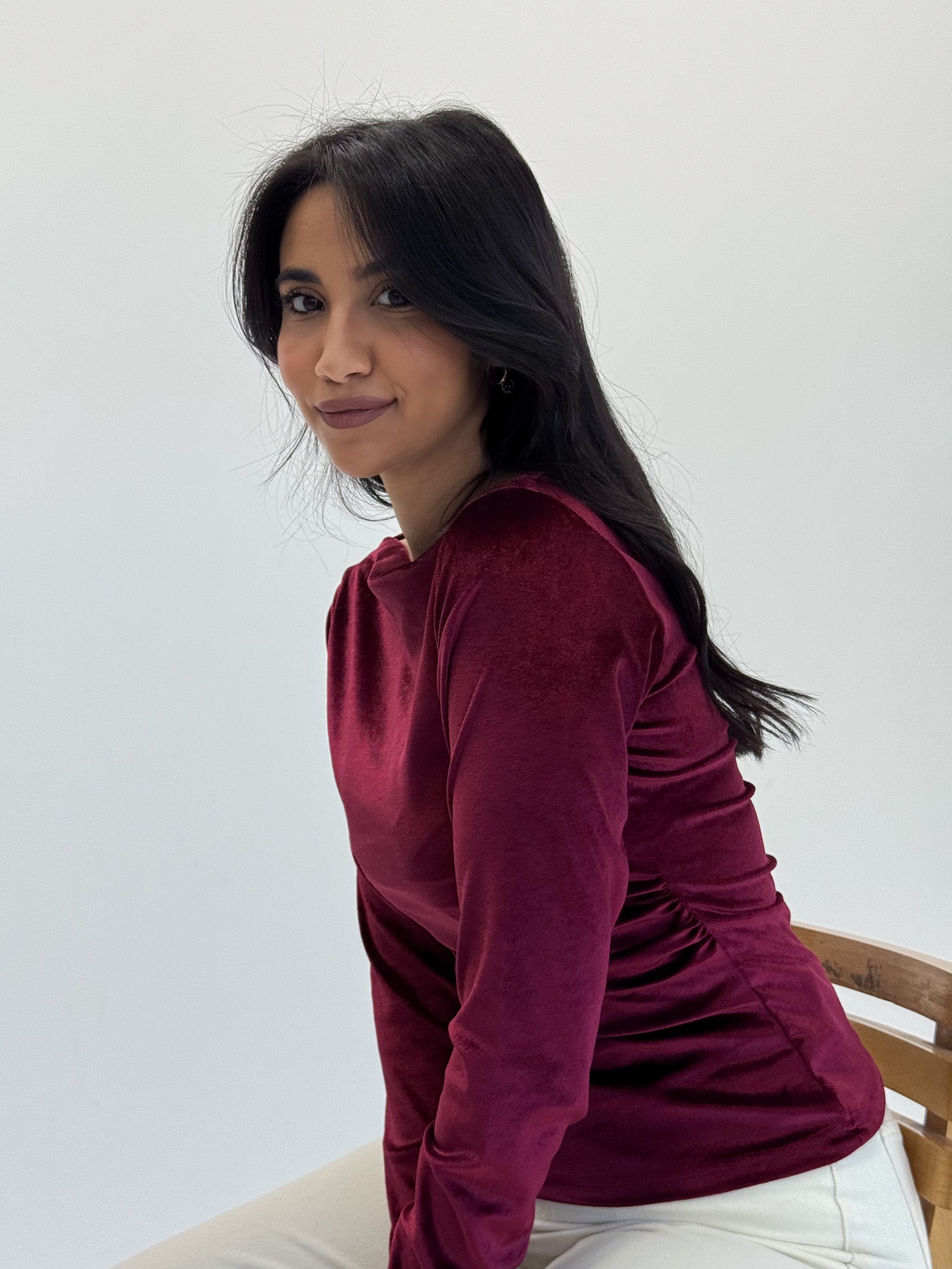 Long Sleeve Deep Cherry Sabrina Velvet Top