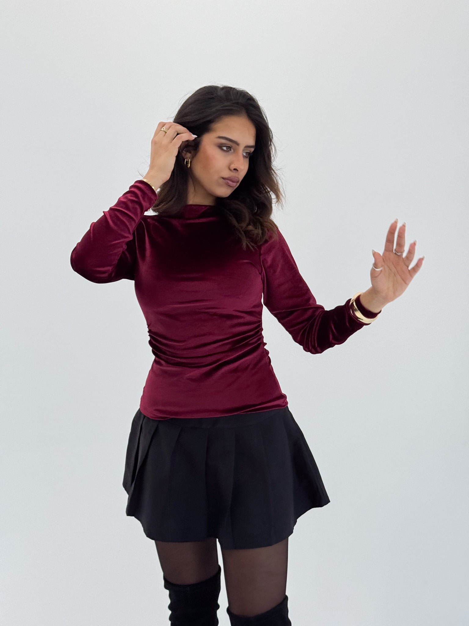 Long Sleeve Deep Cherry Sabrina Velvet Top