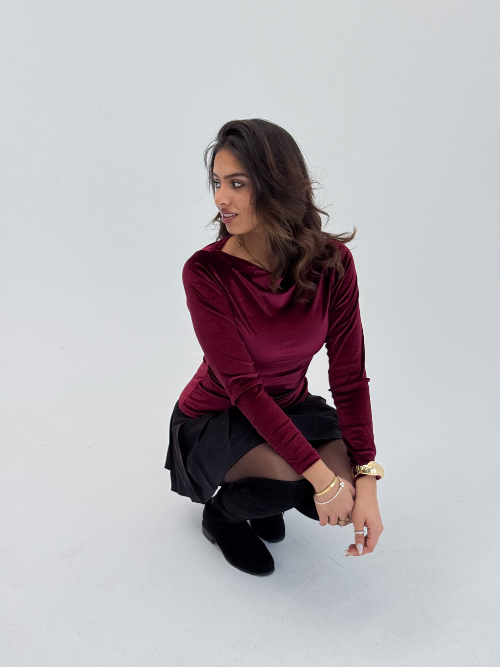Long Sleeve Deep Cherry Sabrina Velvet Top