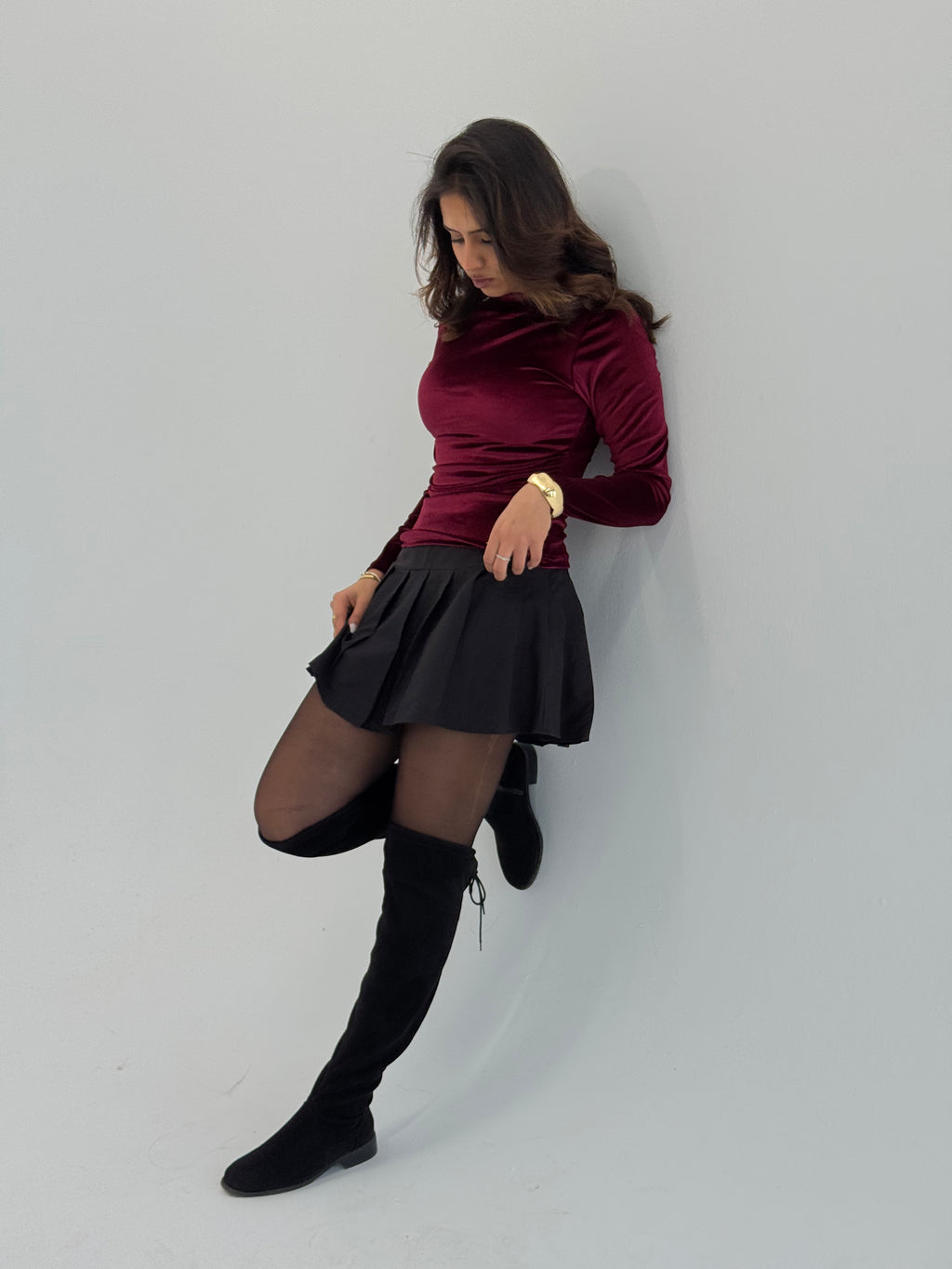 Long Sleeve Deep Cherry Sabrina Velvet Top