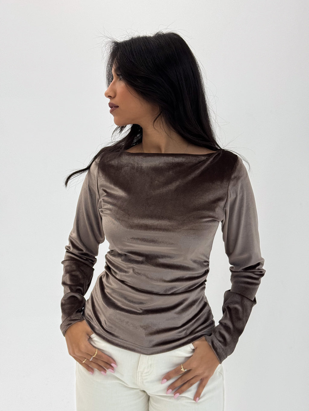 Long Sleeve Mocha Brown Sabrina Velvet Top