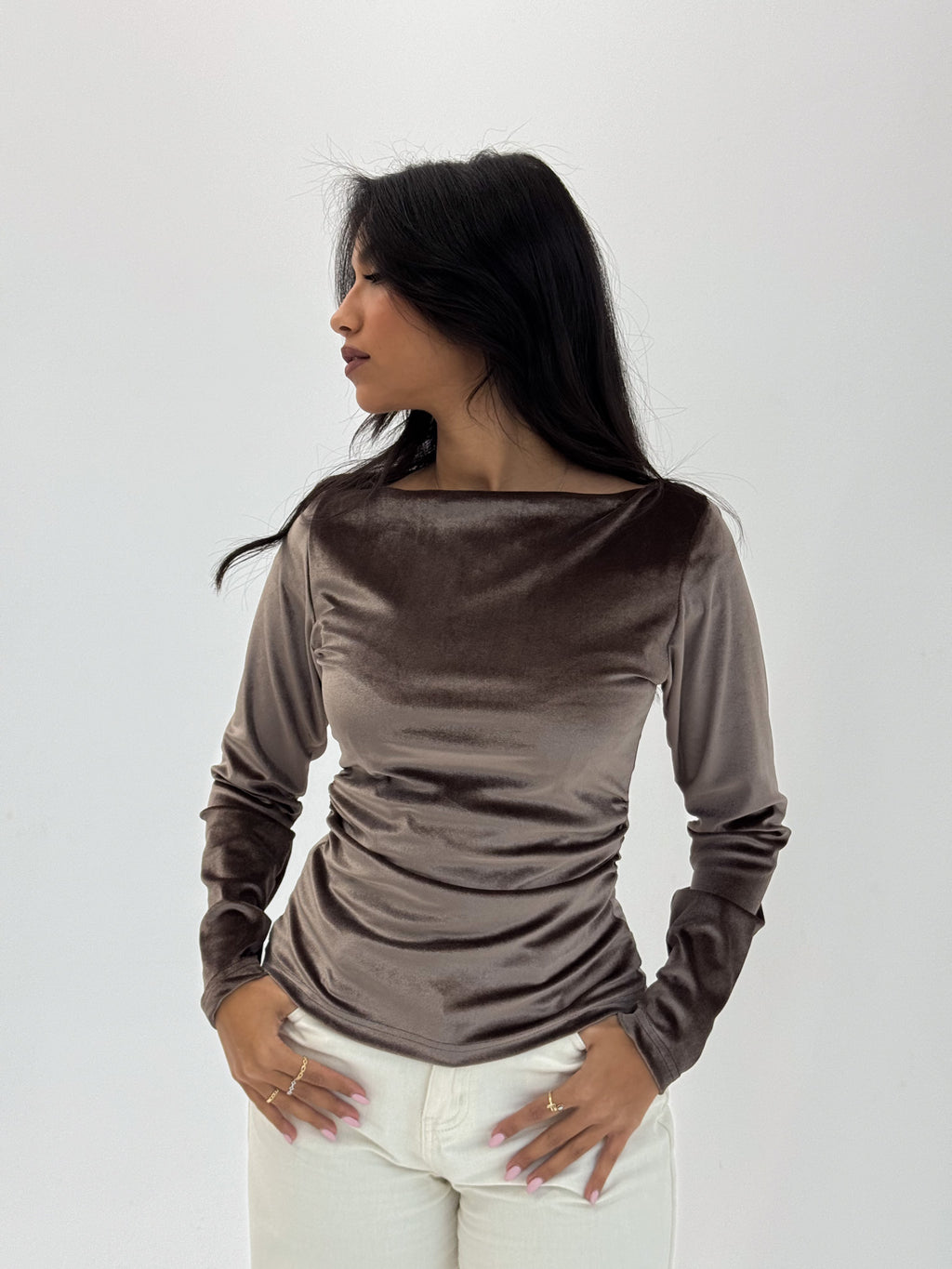 Long Sleeve Mocha Brown Sabrina Velvet Top