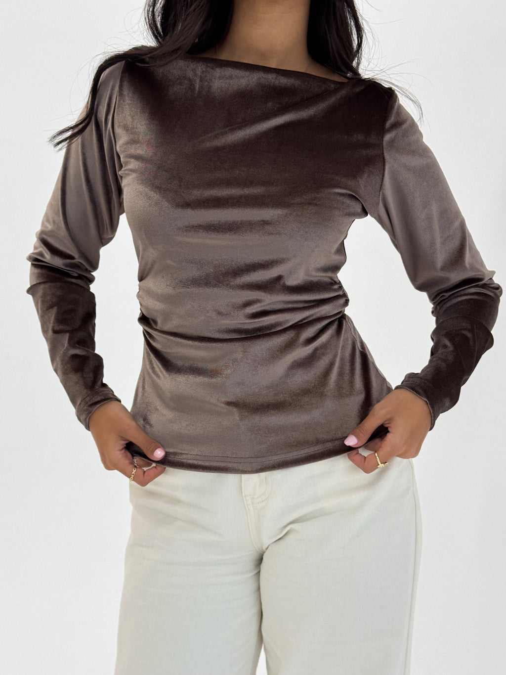 Long Sleeve Mocha Brown Sabrina Velvet Top