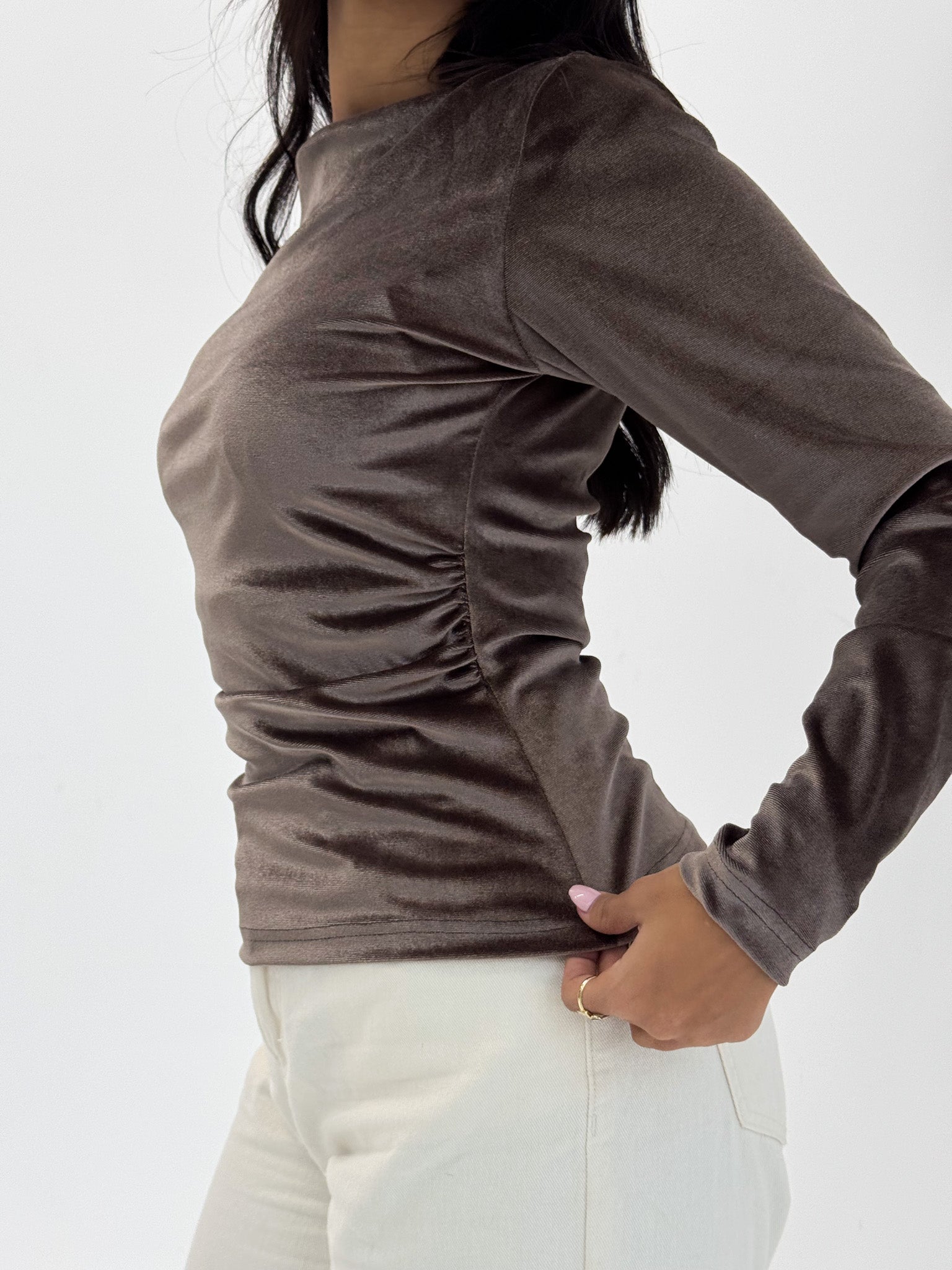 Long Sleeve Mocha Brown Sabrina Velvet Top