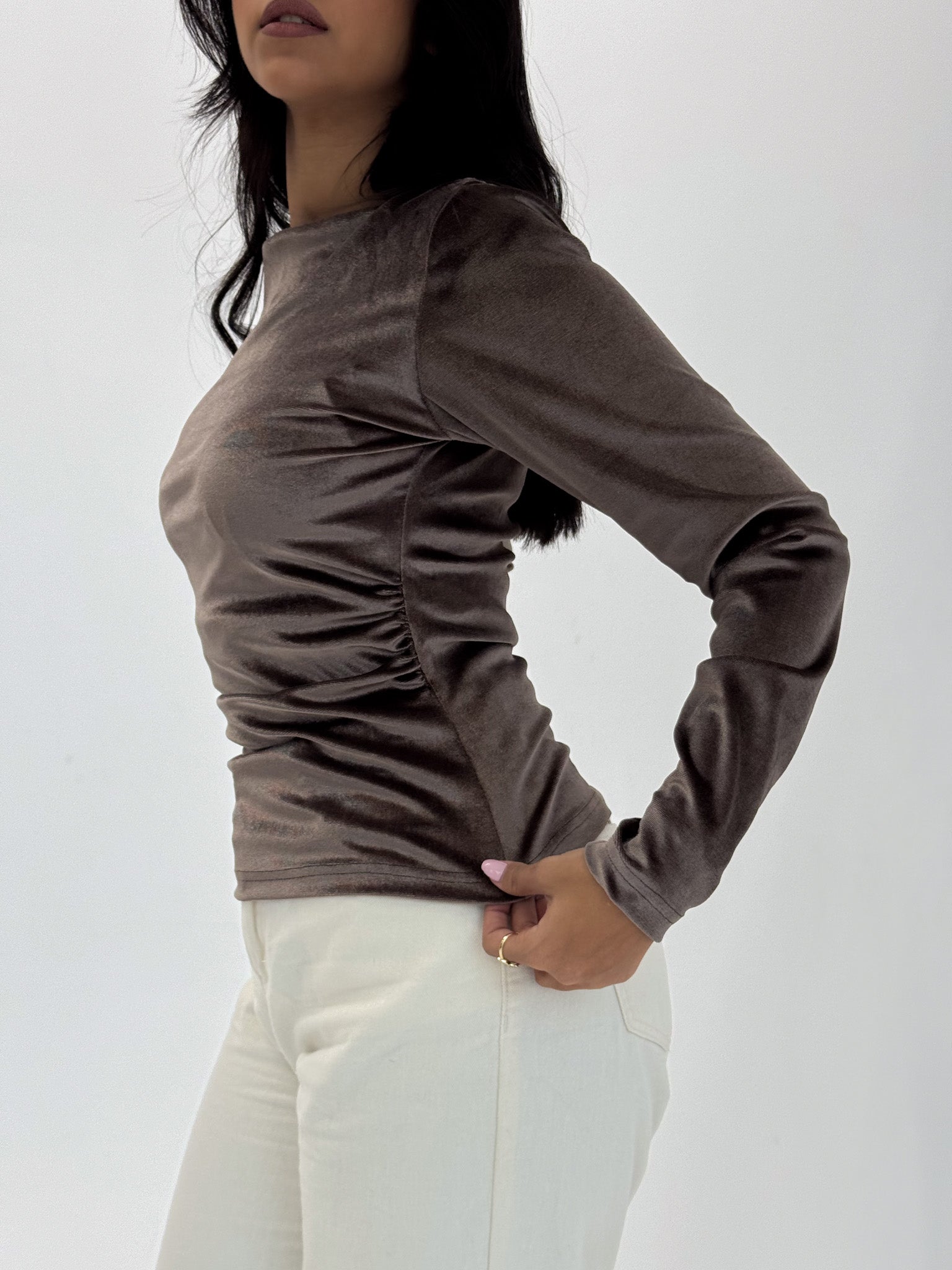 Long Sleeve Mocha Brown Sabrina Velvet Top