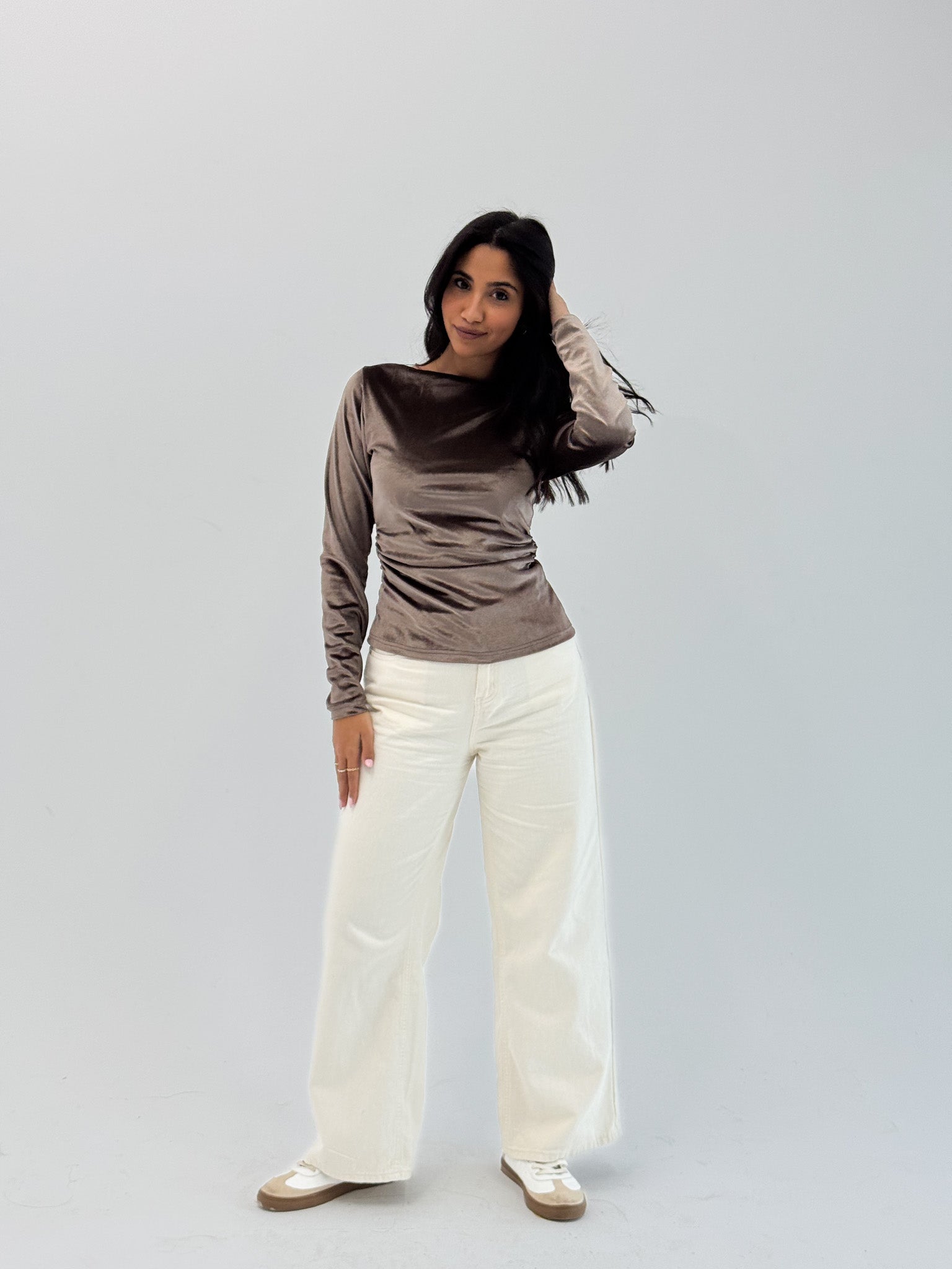 Long Sleeve Mocha Brown Sabrina Velvet Top