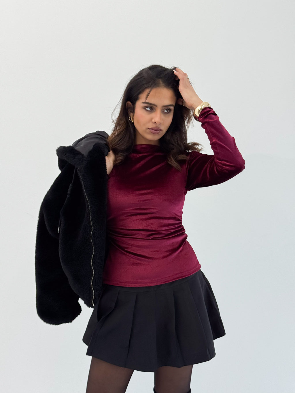 Long Sleeve Deep Cherry Sabrina Velvet Top