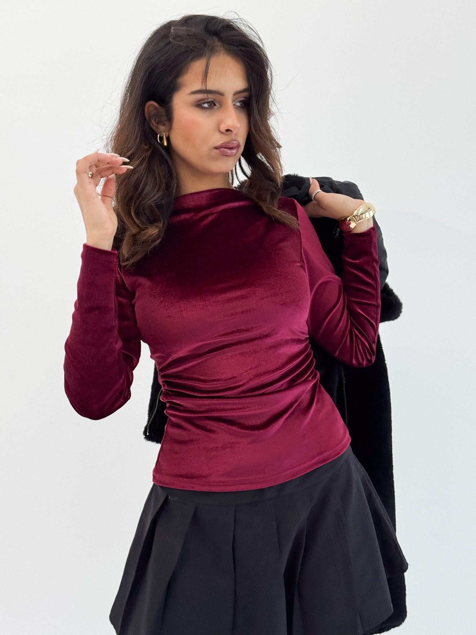 Long Sleeve Deep Cherry Sabrina Velvet Top