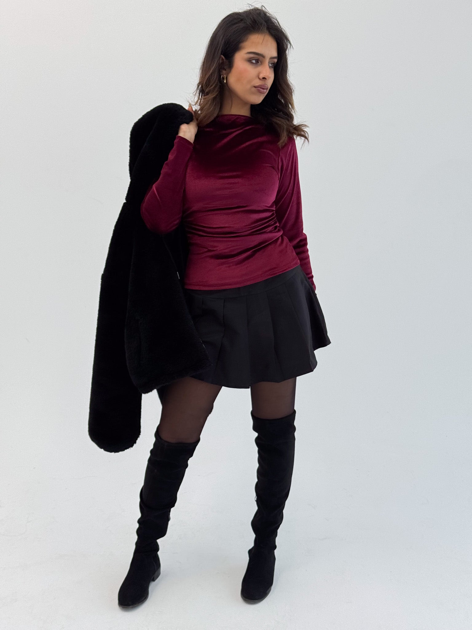 Long Sleeve Deep Cherry Sabrina Velvet Top