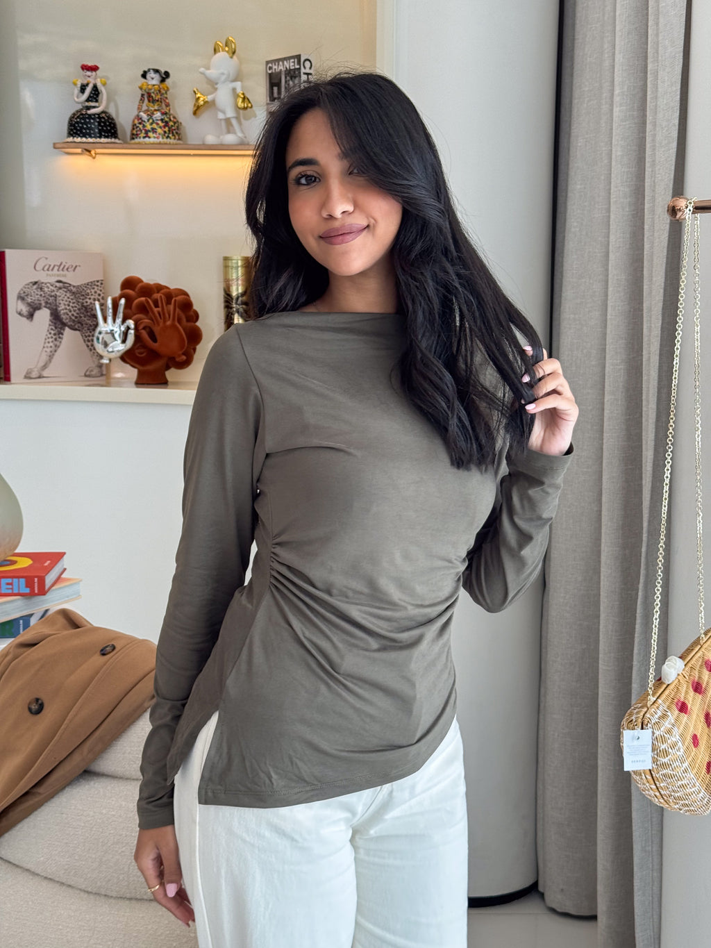 Long Sleeve Soft Olive Sabrina Jersey Top