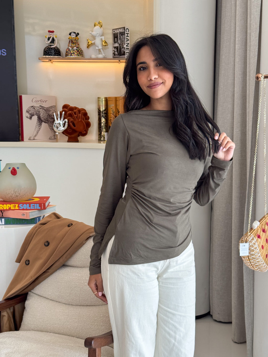 Long Sleeve Soft Olive Sabrina Jersey Top