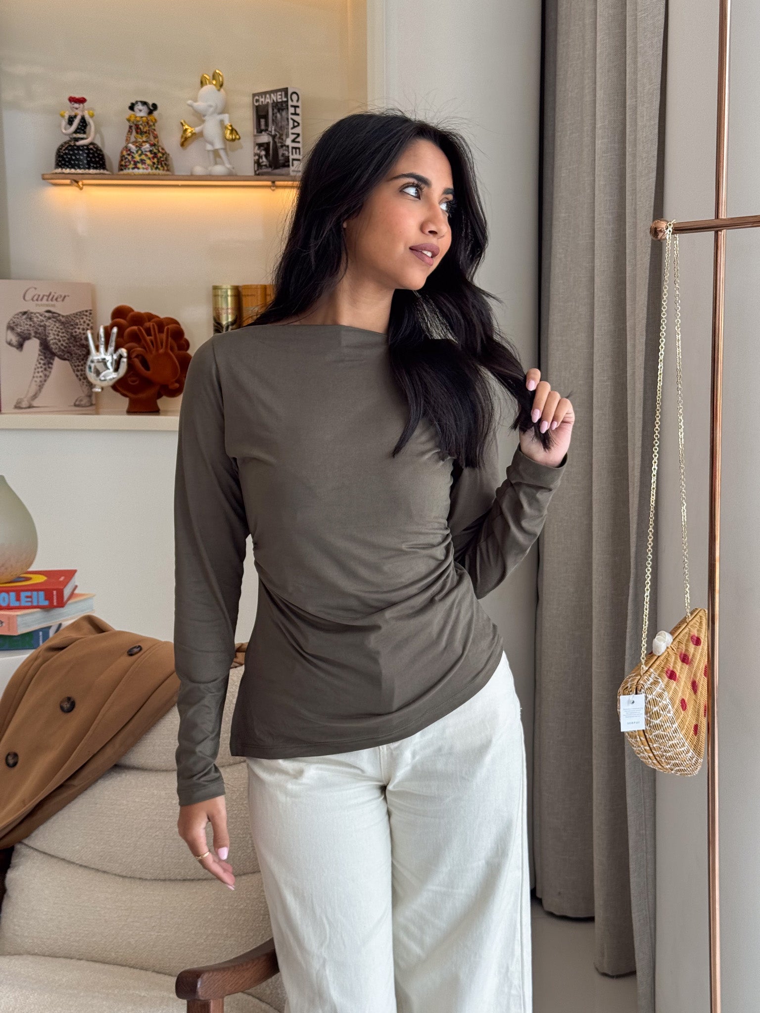Long Sleeve Soft Olive Sabrina Jersey Top