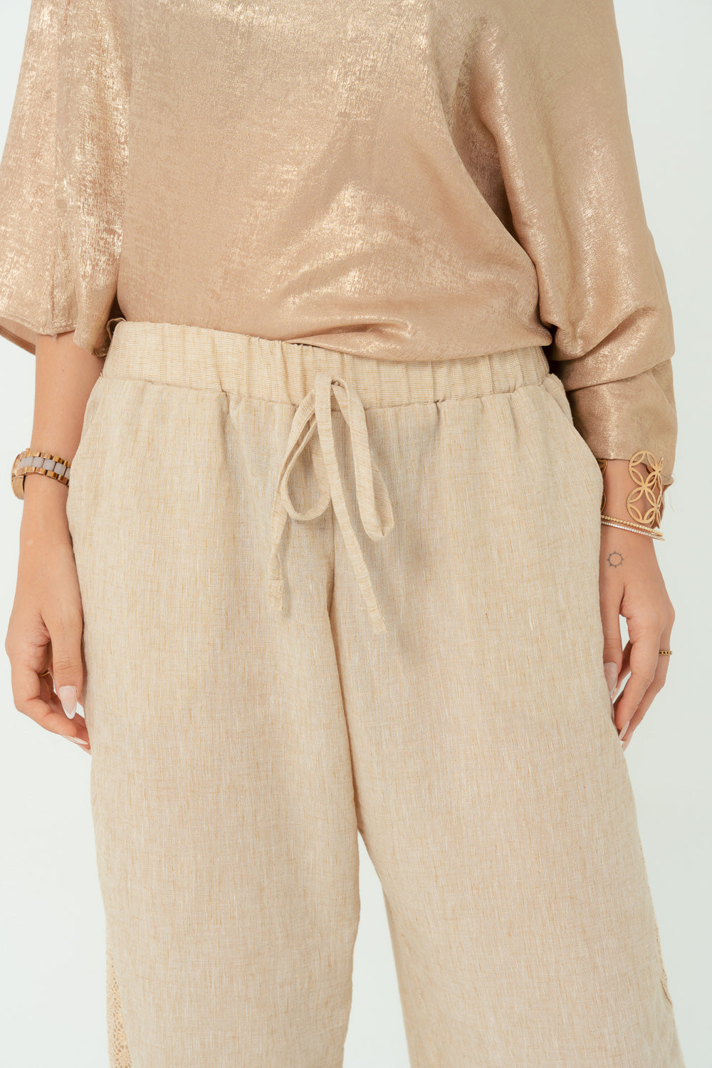 Sand linen Pants with Elegant Golden Strap
