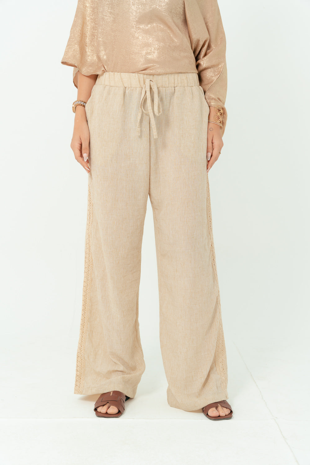 Sand linen Pants with Elegant Golden Strap