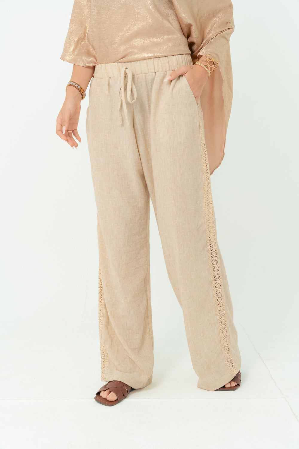 Sand linen Pants with Elegant Golden Strap