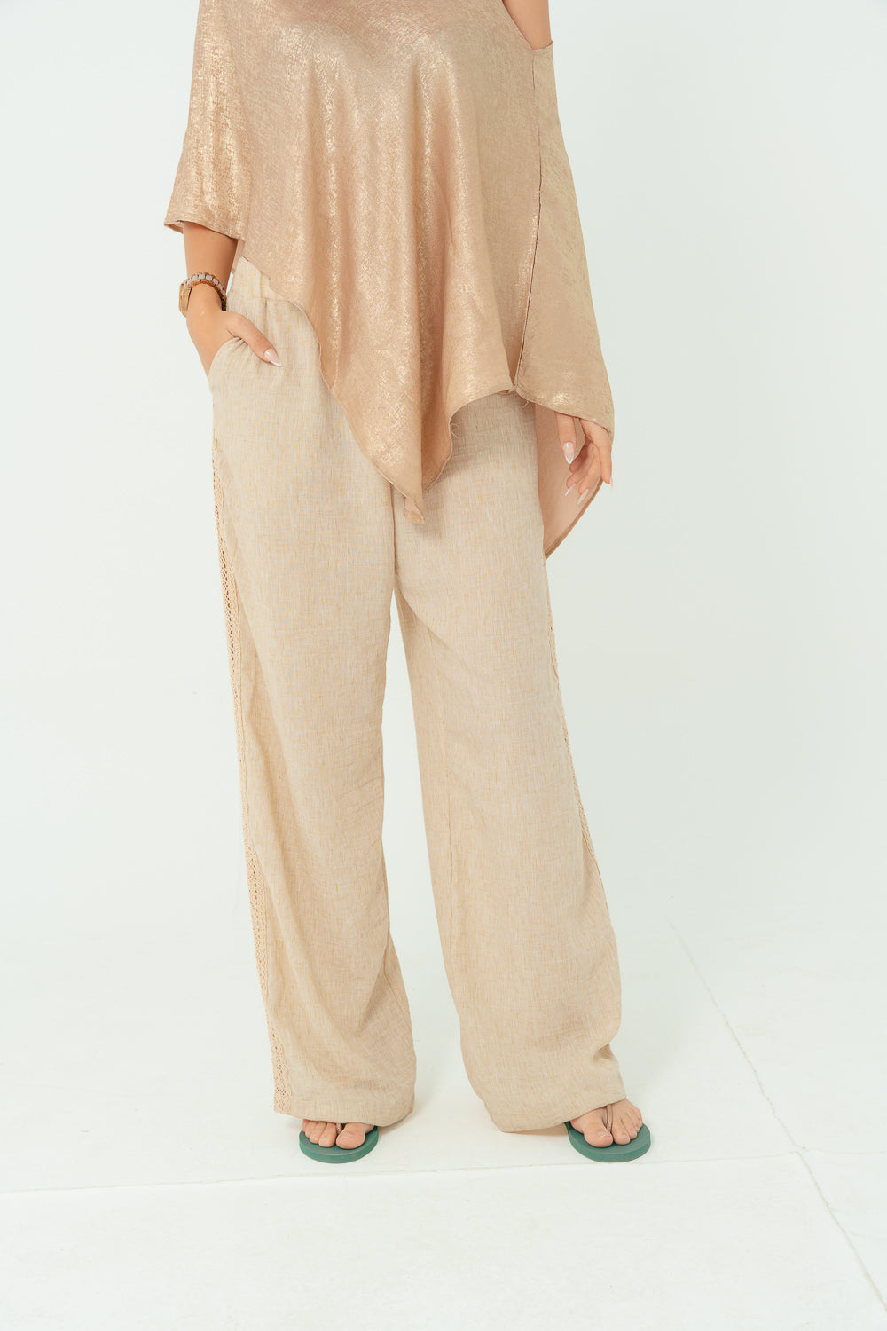Sand linen Pants with Elegant Golden Strap